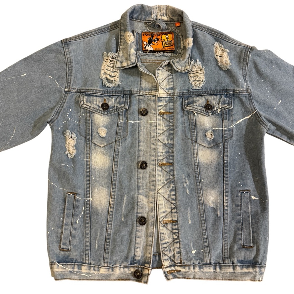Men’s Light Blue Distressed Denim Jacket size Small - Picture 3 of 6